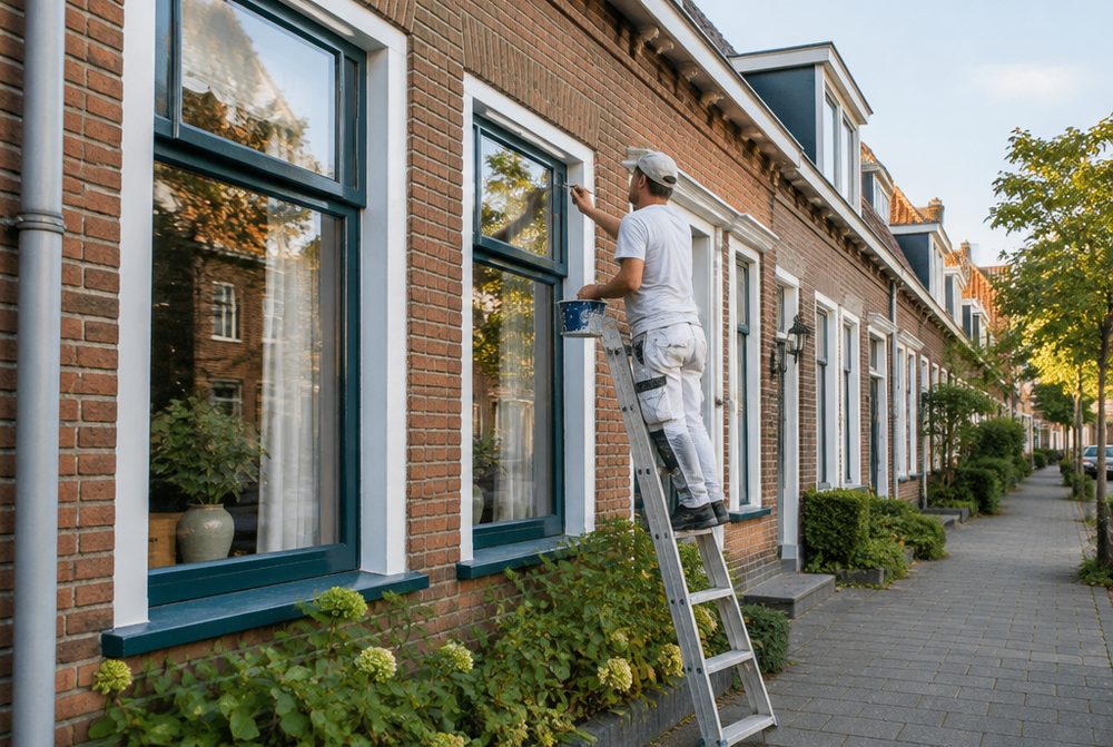 Schilder werkt aan kozijnen van een woning
